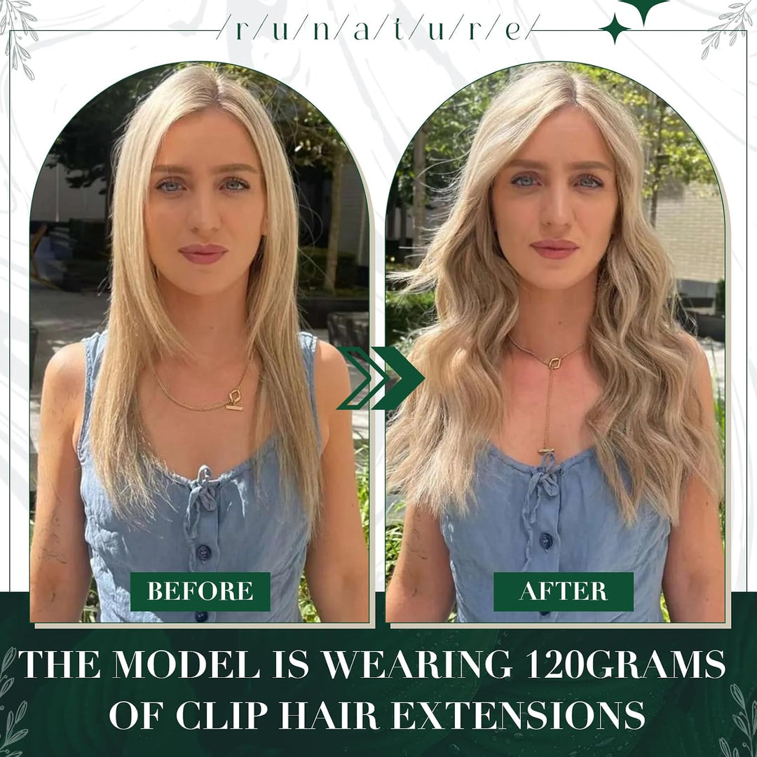 RUNATURE Clip in Extensions Echthaar Dunkel Aschblond mit Goldblond Clip in Haarextension Echthaar C