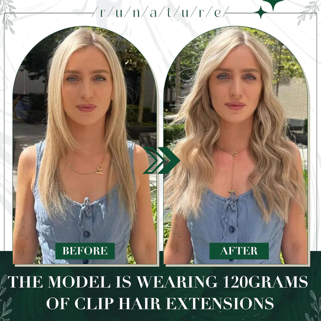 RUNATURE Clip in Extensions Echthaar Dunkel Aschblond mit Goldblond Clip in Haarextension Echthaar C