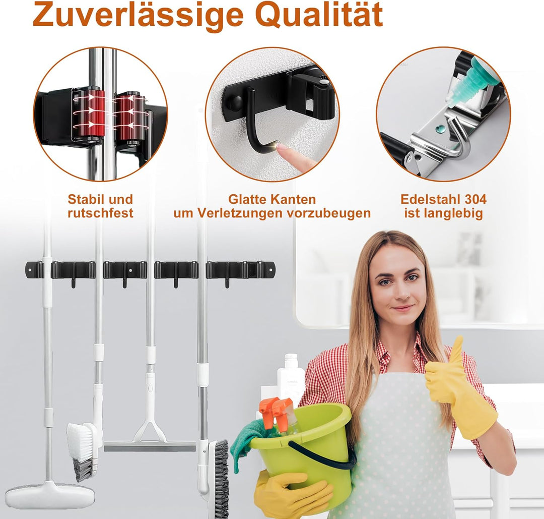 1 Stück Besenhalterung Wand, 5 Halter + 4 Haken Edelstahl gerätehalter, Selbstklebend Gartengeräteha