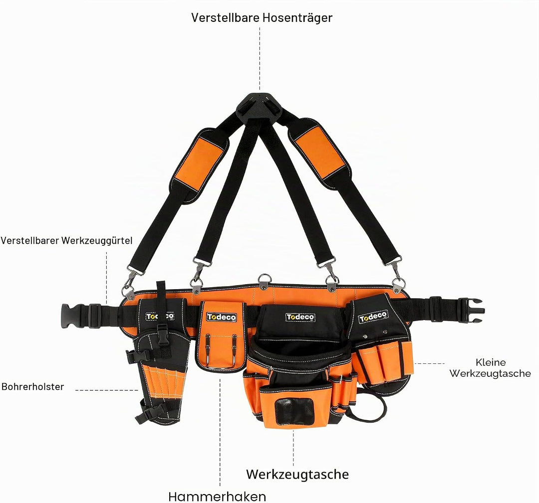 Todeco Werkzeuggürtel Herren, Arbeitsgürtel mit Hosenträgergurt, Werkzeugtasche mit verstellbarem Gü
