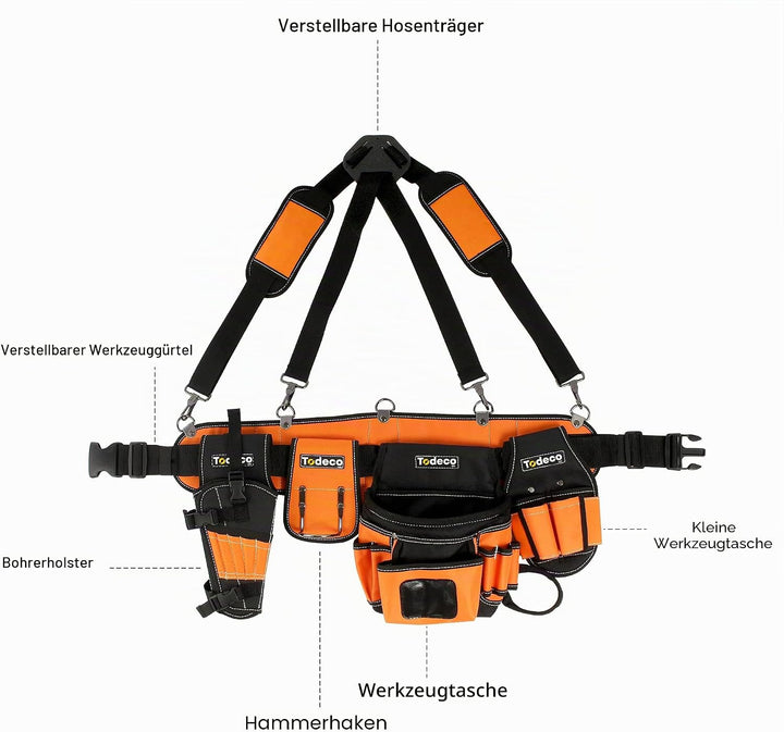 Todeco Werkzeuggürtel Herren, Arbeitsgürtel mit Hosenträgergurt, Werkzeugtasche mit verstellbarem Gü