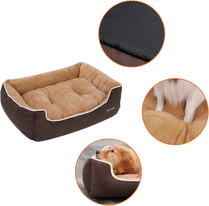 Feandrea Luxus Hundebett, weiches Hundekorb, L, mit abnehmbarem Kissen, 90 x 25 x 75 cm, braun und b