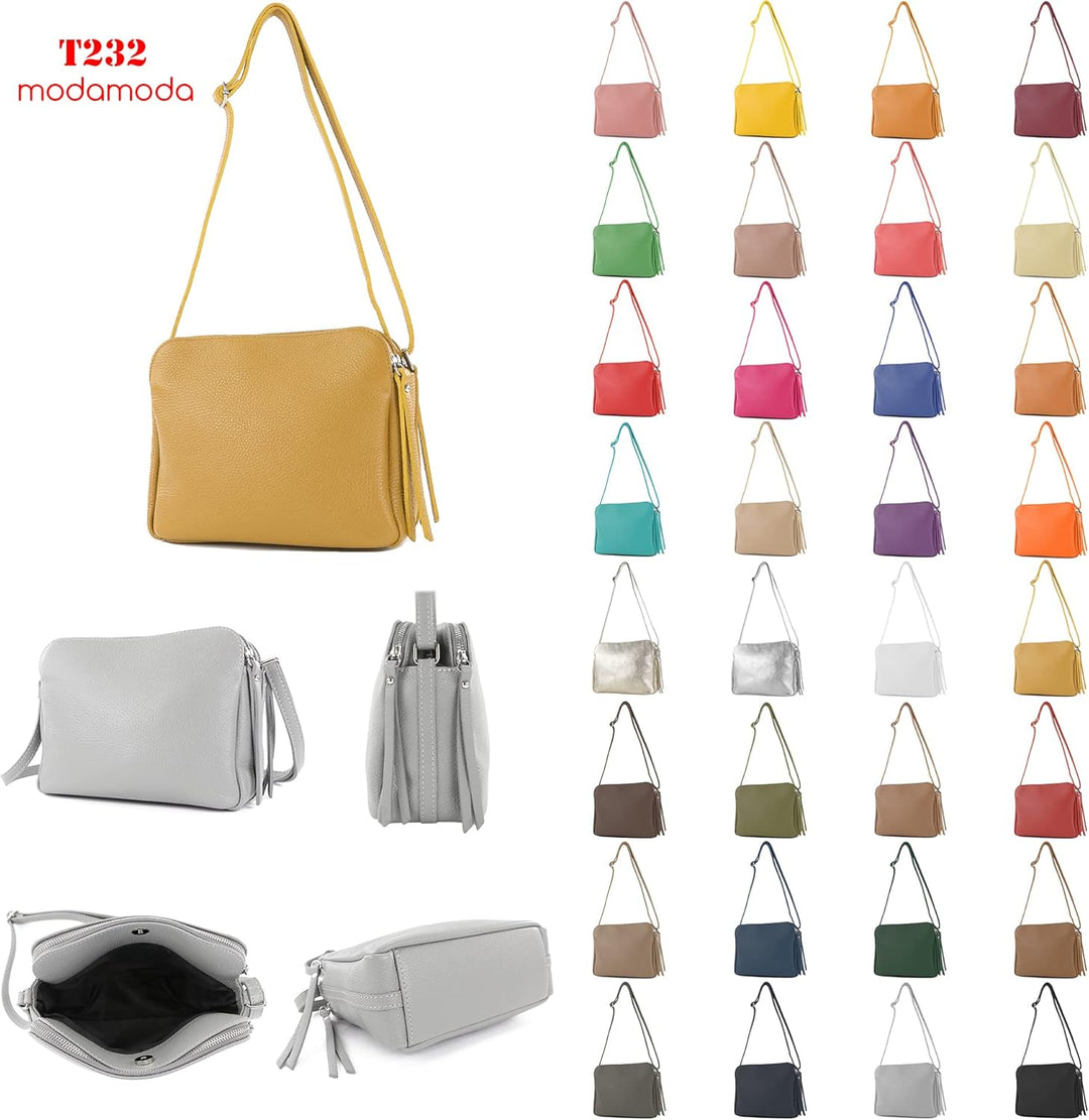 modamoda de - T232 - ital. Damen Umhängetasche Leder Medium Blassbraun, Blassbraun