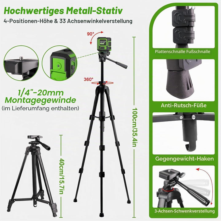Kreuzlinienlaser mit Stativ, 360 Grad Laser Level, Laser Wasserwaage, Helligkeit einstellbar/IP54 Wa