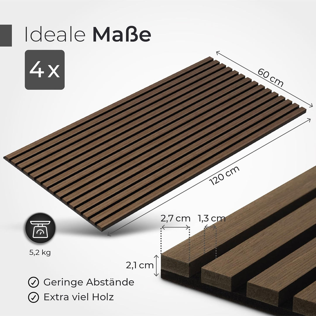 Aeco Sound® Akustikpaneele Holz – 4er-Set | 120x60cm | Echtholz Walnuss & Akustikfilz Schwarz – 3D W