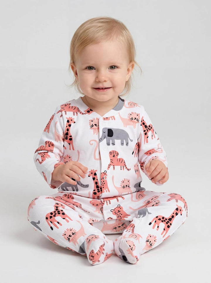 TupTam Baby Mädchen Schlafstrampler mit Fuss 3er Pack 50 Marineblau Rosa Weiss Safaritiere, 50 Marin