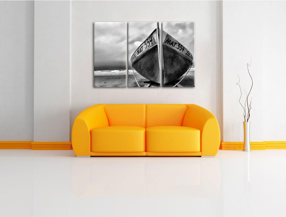 Pixxprint Monocrome, kleines Segelboot am Strand 3-Teiler Leinwandbild 120x80 Bild auf Leinwand