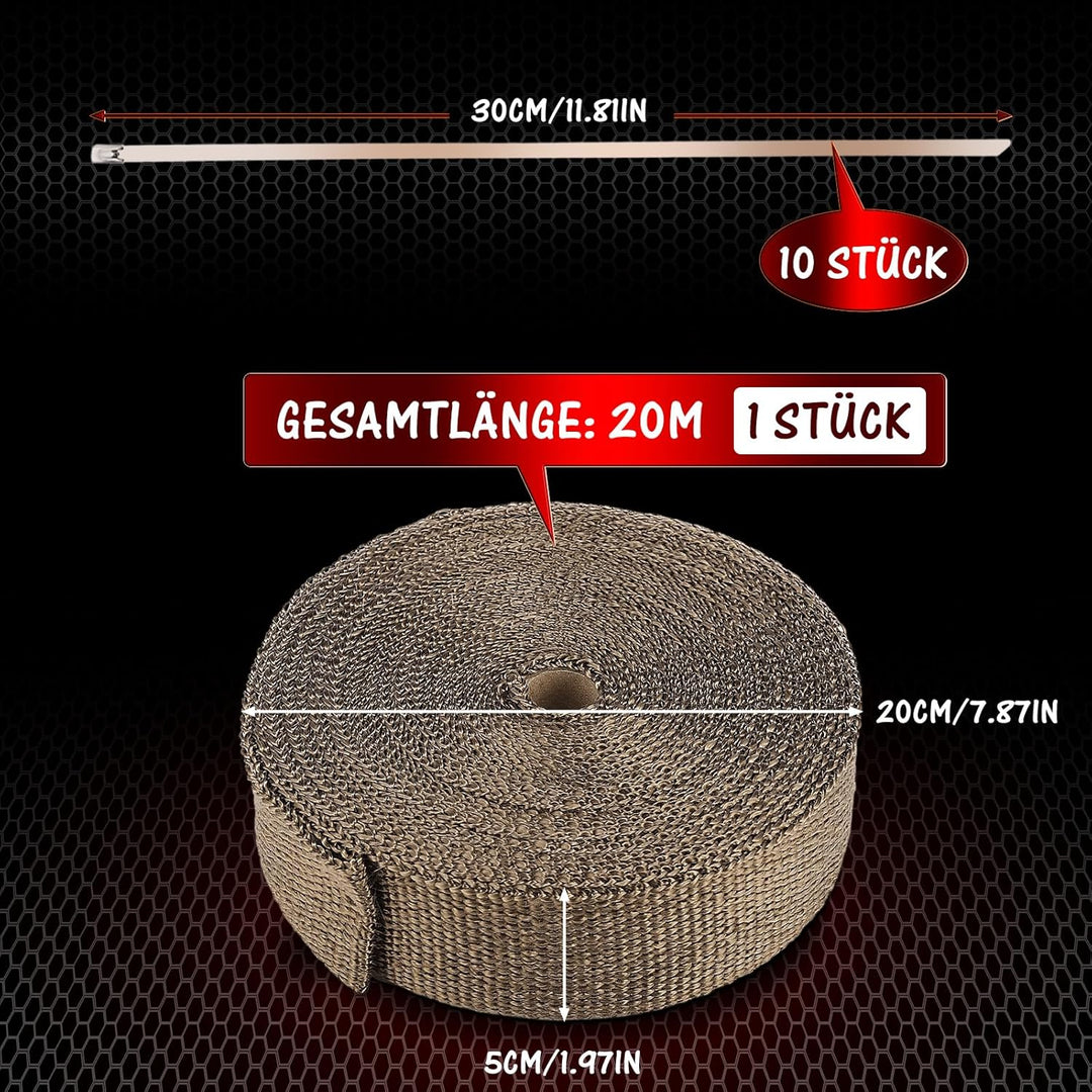 GEAREVER 20M*5CM Hitzeschutzband Basaltfaser mit 10 Kabelbinder Edelstahl, Hitzeschutzband Auspuff f