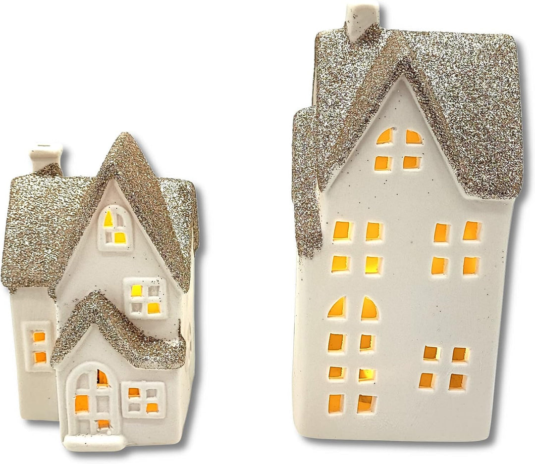DARO DEKO Keramik LED Haus - Lichthaus Gold Glitzer 2er Set, Gold Glitzer 2er Set