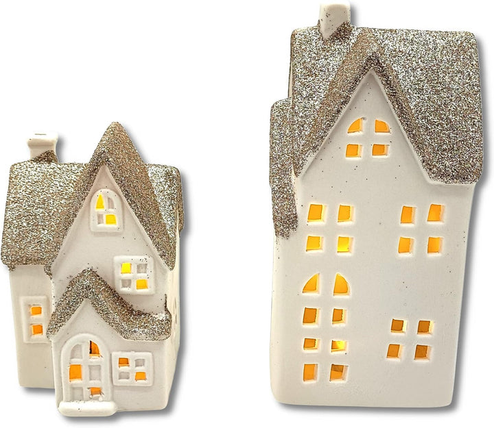 DARO DEKO Keramik LED Haus - Lichthaus Gold Glitzer 2er Set, Gold Glitzer 2er Set