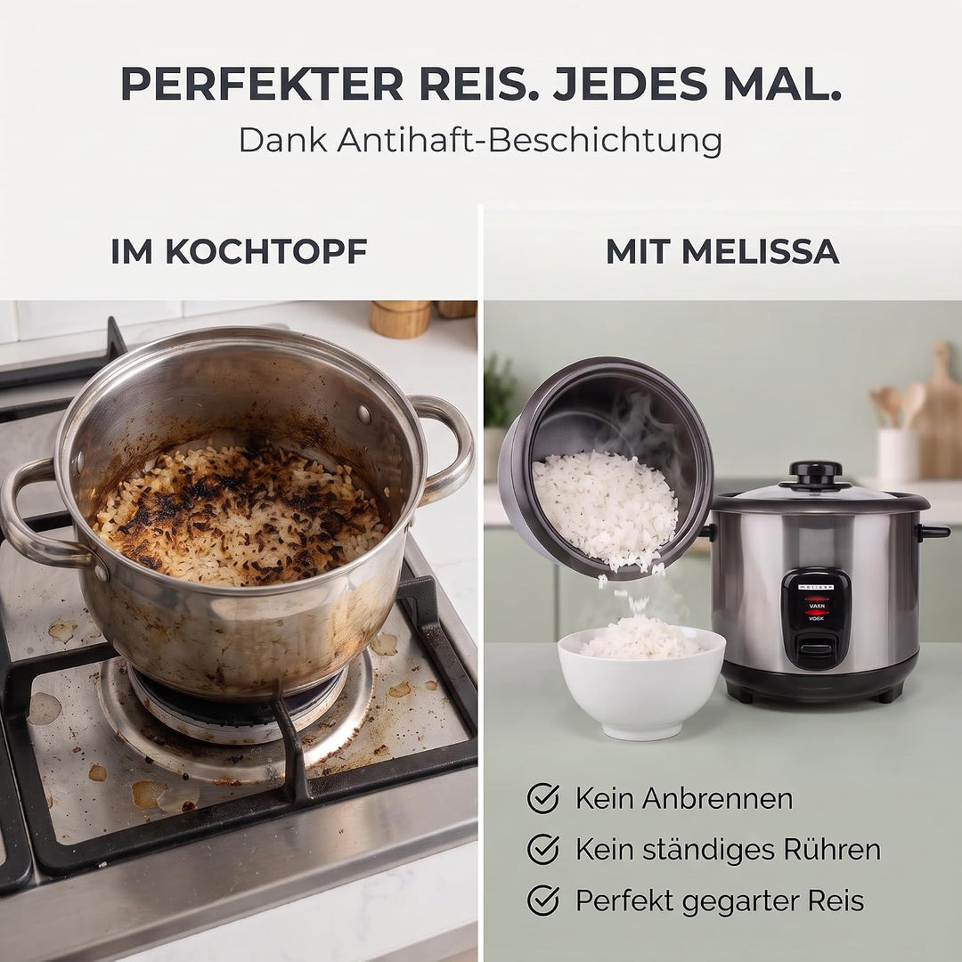 Melissa Reiskocher 1,5 L - 500 W Edelstahl-Reiskocher mit Antihaft-Innentopf, Dämpfkorb für Gemüse &amp;