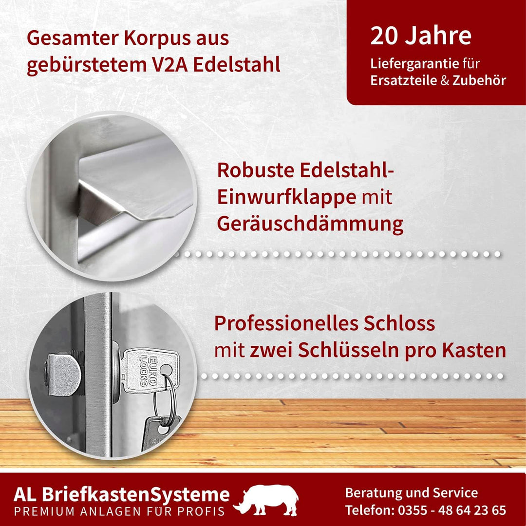 AL Briefkastensysteme 1er Briefkasten mit Klingel V2A Edelstahl, Premium Briefkasten DIN A4, 1-Fach