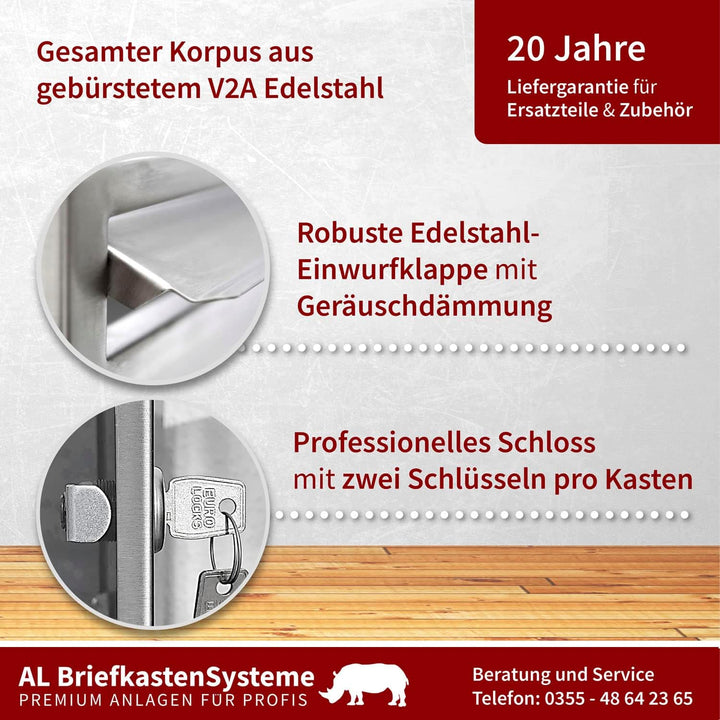 AL Briefkastensysteme 1er Briefkasten mit Klingel V2A Edelstahl, Premium Briefkasten DIN A4, 1-Fach