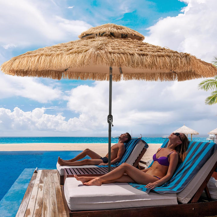 GOPLUS Sonnenschirm Hawaii, Ø 300 cm Strohschirm um 30° knickbar, Sonnenschirm Stroh mit LED Solar B