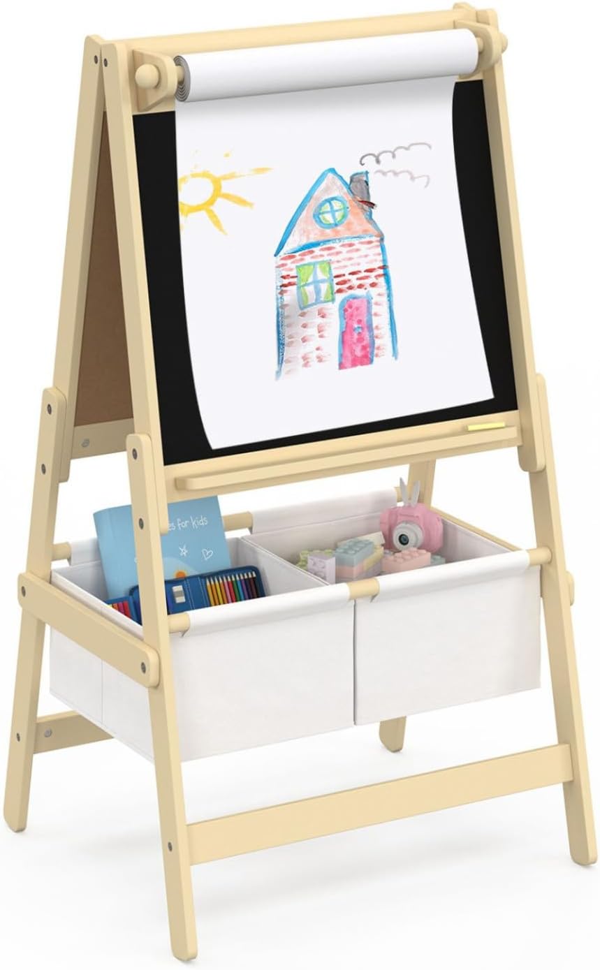 IDMarket - Kindertafel 3 in 1 Doppelseitige Staffelei mit Papierrolle und 2 Aufbewahrungskörben