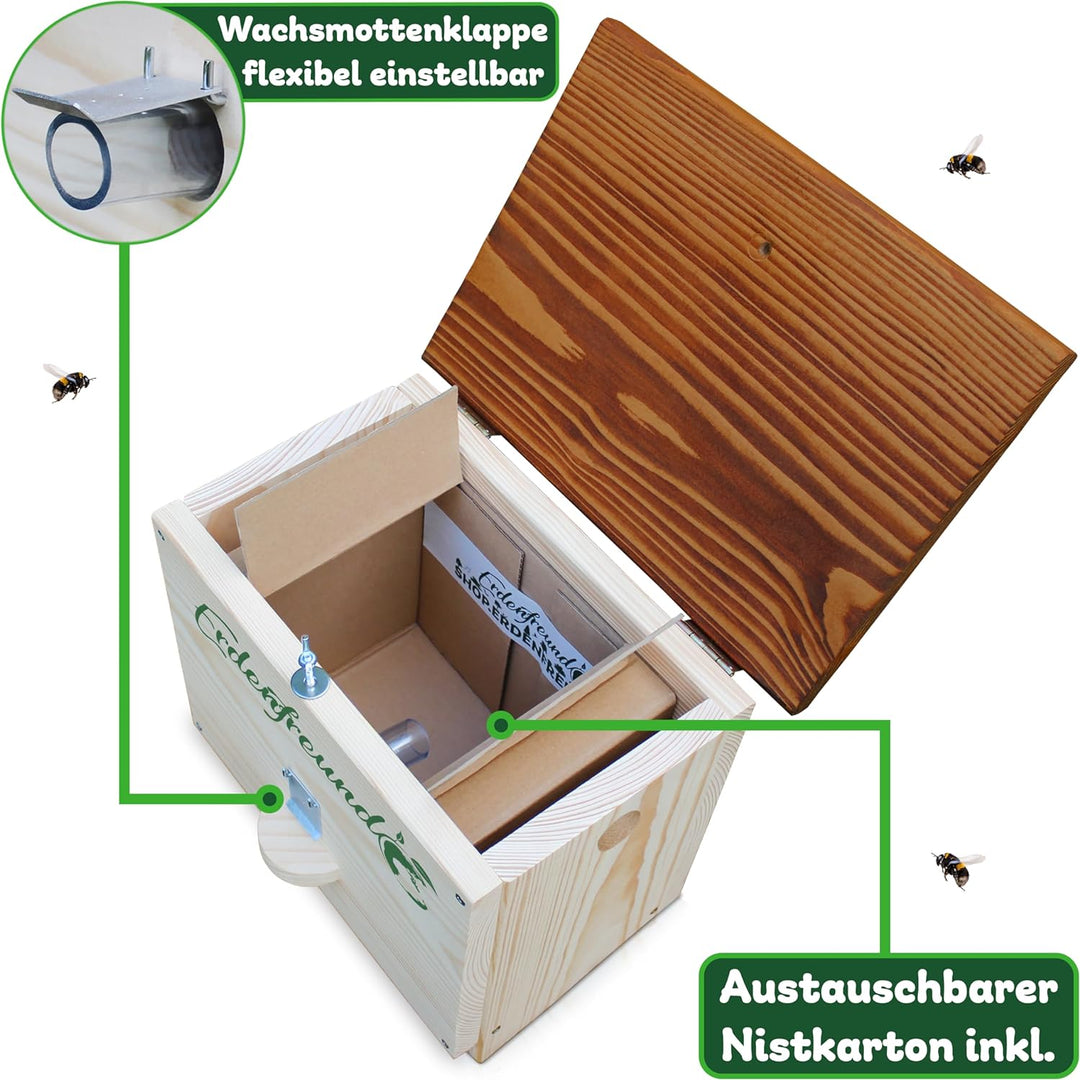Erdenfreund® Hummelhaus mit Wachsmottenklappe + Fester Verschluss Räuberschutz Hummelhotel inkl. Nis