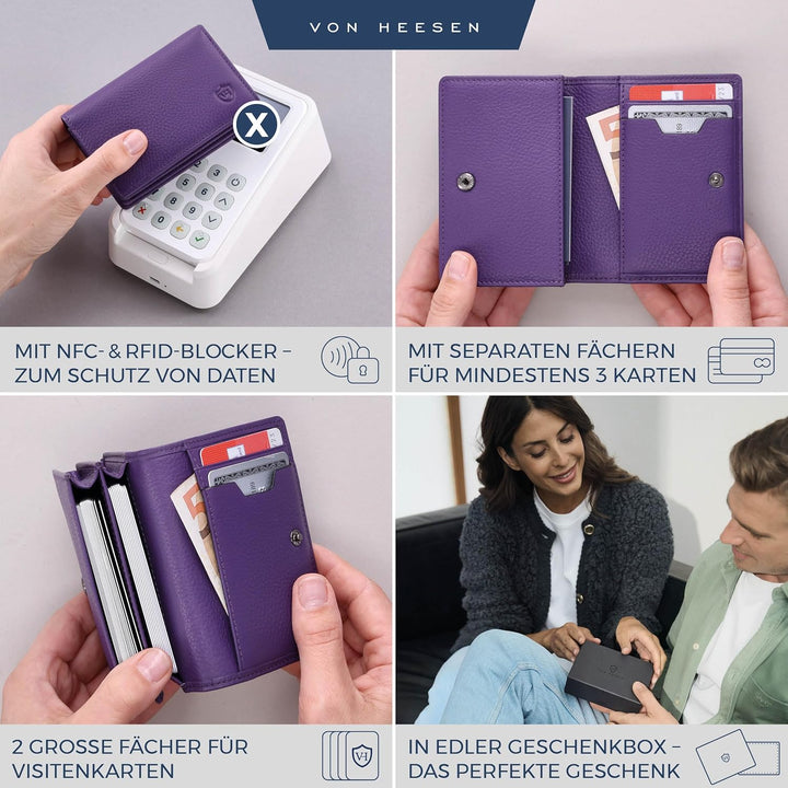 VON HEESEN® Visitenkartenetui Leder mit RFID-Schutz - Platz für 50 Visitenkarten - 6 Fächer - Visite