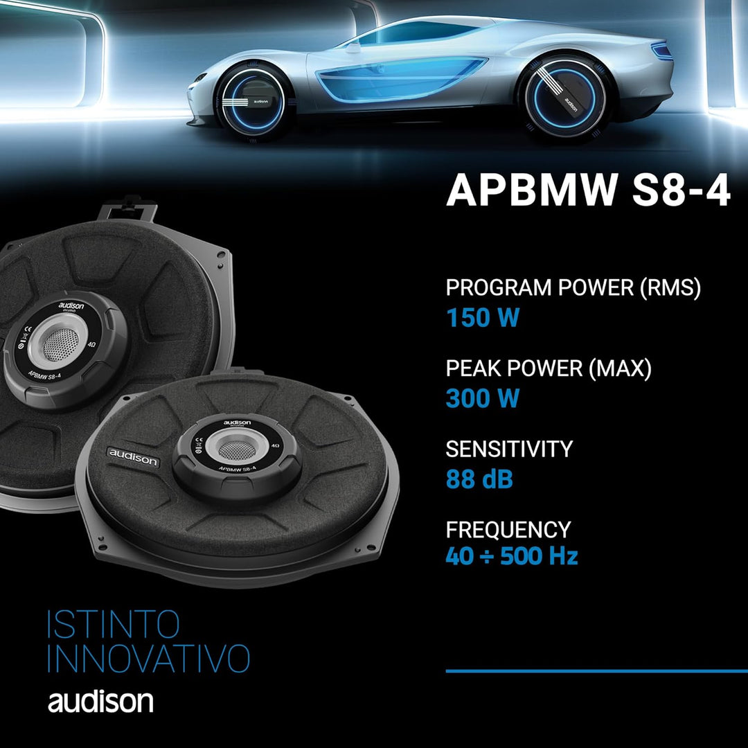Audison APBMW S8-4.2 – 200-mm Slim-Subwoofer für BMW/MINI, 300W Peak, 4 Ohm, Plug & Play-Untersitzmo