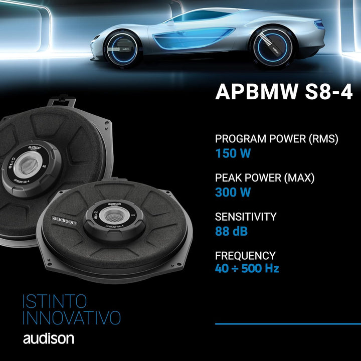 Audison APBMW S8-4.2 – 200-mm Slim-Subwoofer für BMW/MINI, 300W Peak, 4 Ohm, Plug & Play-Untersitzmo