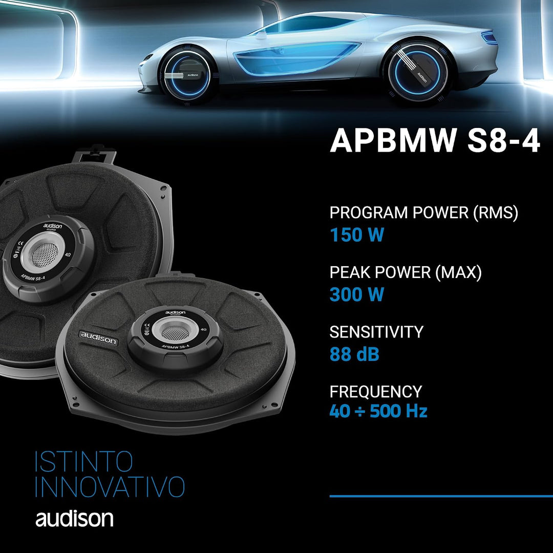 Audison APBMW S8-4.2 – 200-mm Slim-Subwoofer für BMW/MINI, 300W Peak, 4 Ohm, Plug &amp; Play-Untersitzmo