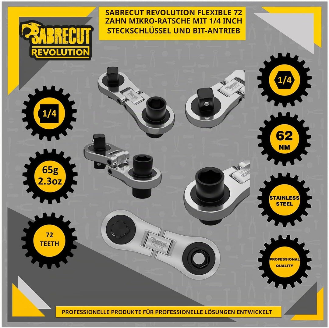 SabreCut 1 x MRSC08 Dual Drive Flex Kleinste Mini Micro Ratsche 6,3 mm Sechskant 6,3 mm Vierkantantr