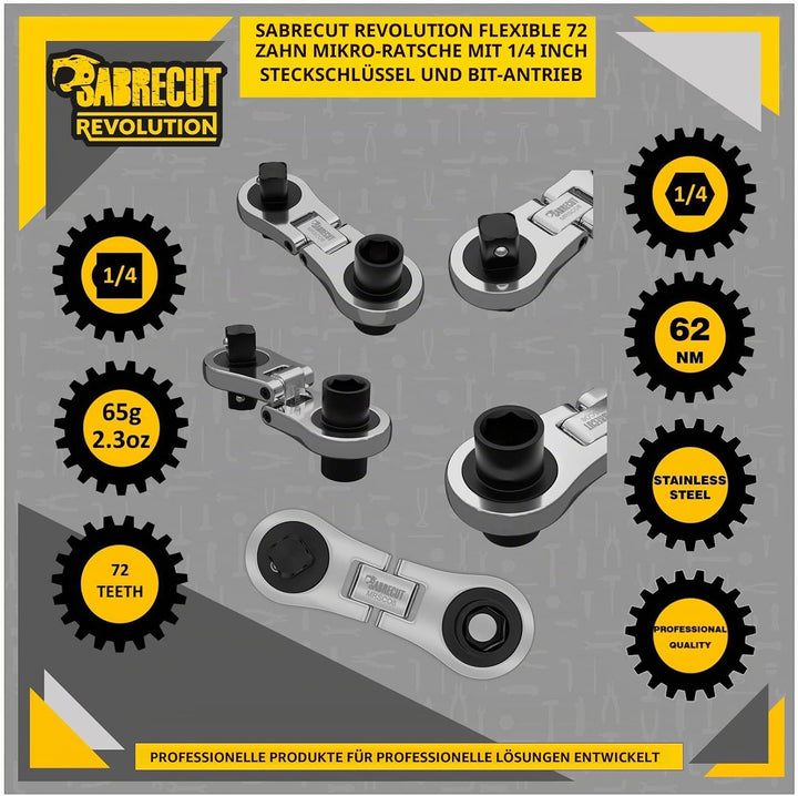 SabreCut 1 x MRSC08 Dual Drive Flex Kleinste Mini Micro Ratsche 6,3 mm Sechskant 6,3 mm Vierkantantr