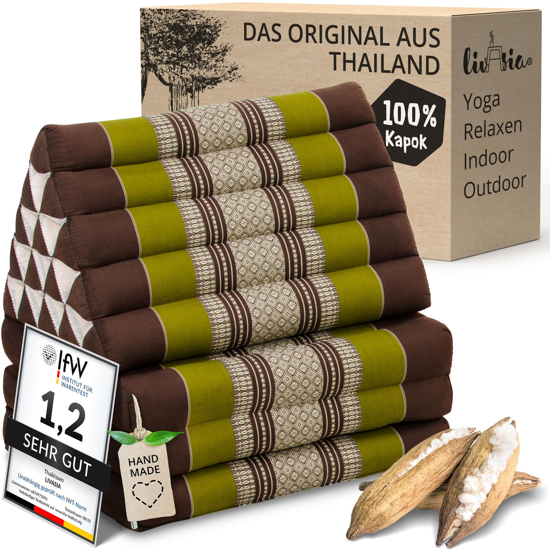 livasia Thaikissen 3 Auflagen extrahoch - 185x55x8cm - Dreieckskissen mit Klappmatratze, Kapok, Jumb