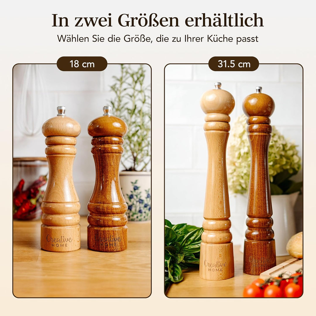Creative Home Grosse Salz Pfeffermühle Holz | Set von 2 Mühlen mit Mini-Holzschaufel | 31,5cm Höhe |