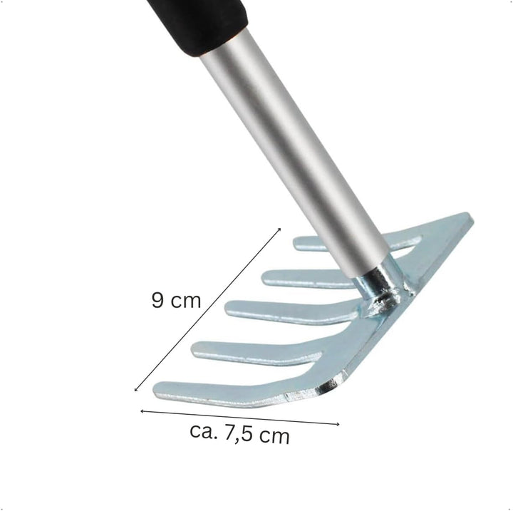 Rekord Kleinrechen (Stahl) mit Teleskopstiel (Aluminium) Länge bis 104 cm & Aufhängeloch, Harke, Lau