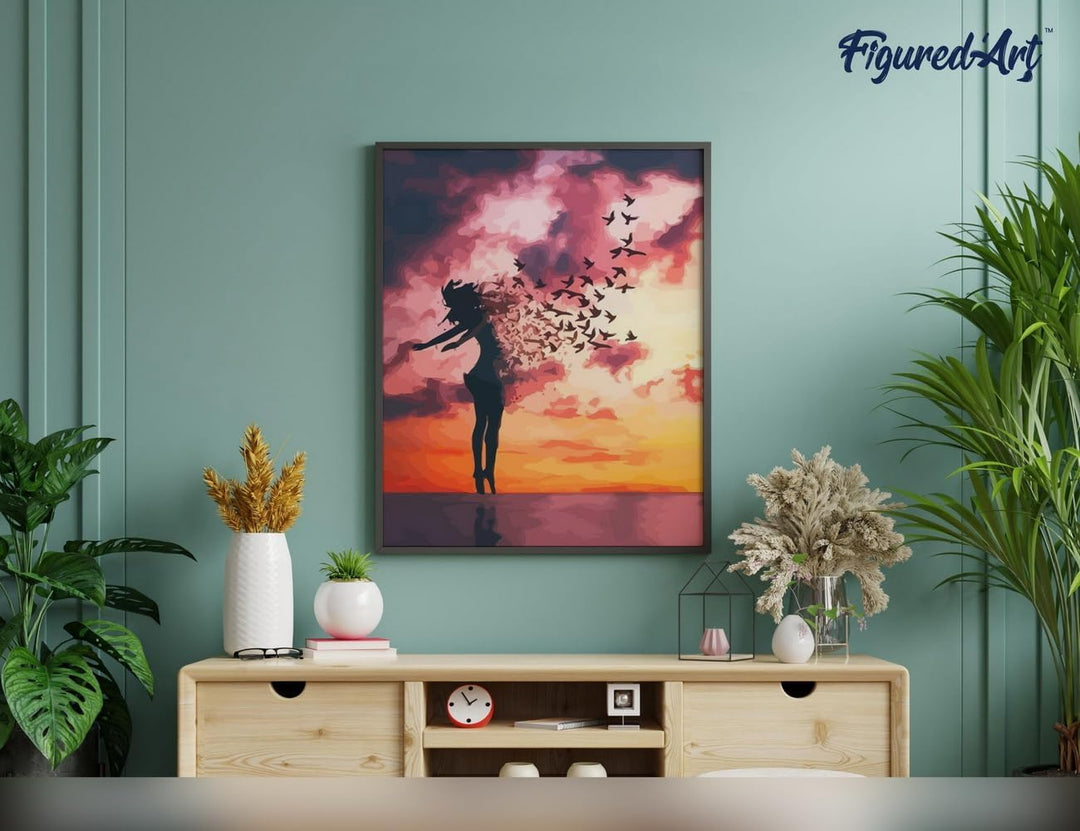 Figured'Art Malen Nach Zahlen Erwachsene Mit Rahmen Frau und Vögel - Paint by Numbers Basteln DIY Ba