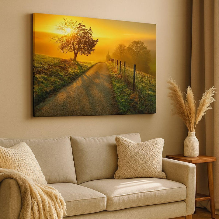 Bilder auf Leinwand 100x70cm Leinwandbild mit Rahmen Feld Strasse Baum Gross Wanddeko Bild Schlafzim