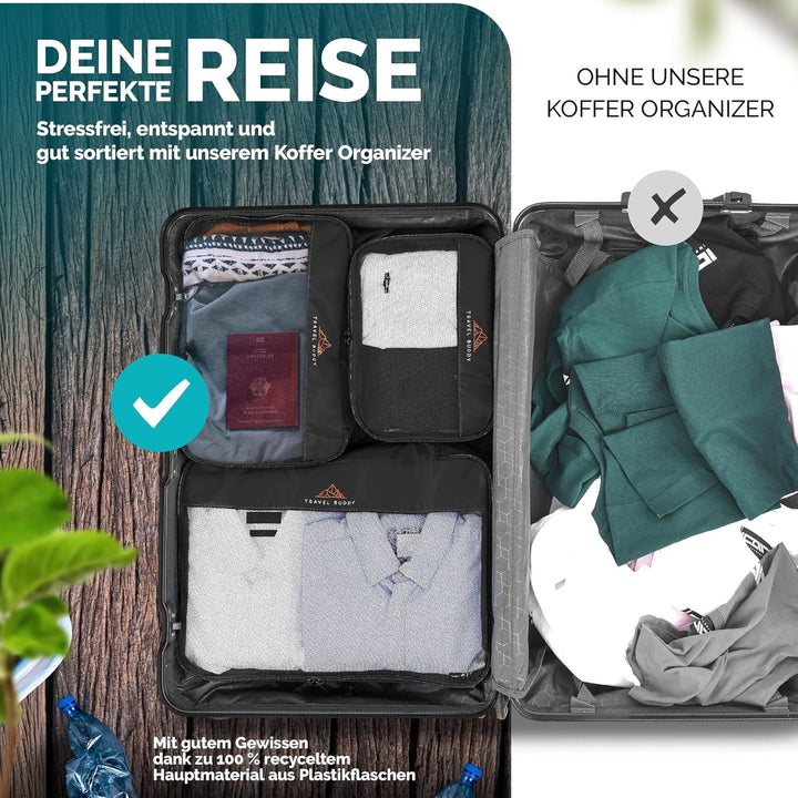 TRAVEL BUDDY® Koffer Organizer Set - 100% Recycling Material - Ultra leicht & waschbar - 6 Packtasch