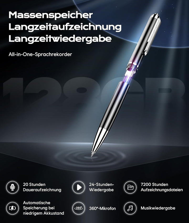 128GB Diktiergerät mit USB-C, 3200h Speicher Aufnahmegerät, Wiedergabe mit DSP-Rauschunterdrückung &