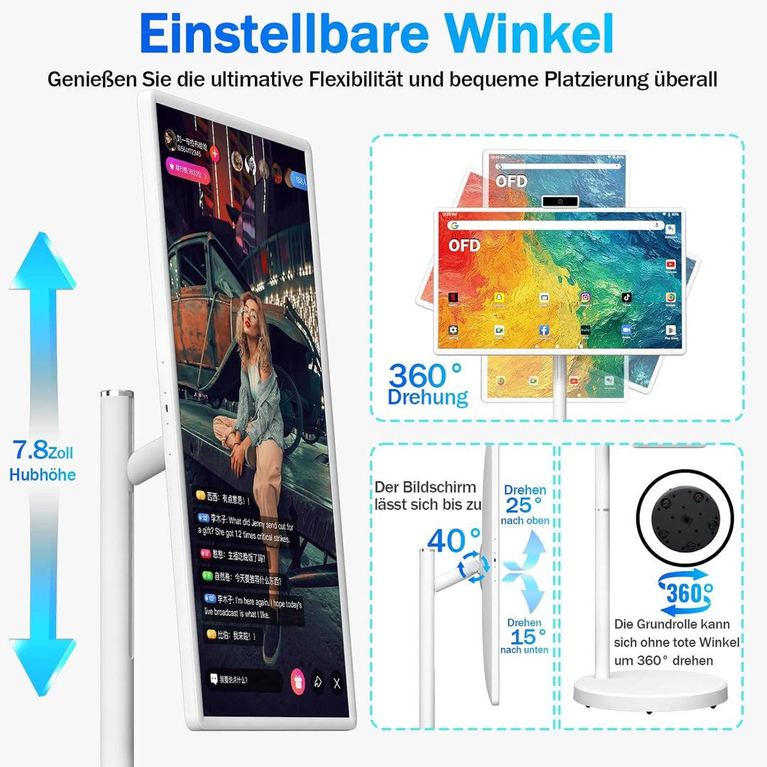 OFD 32 Zoll FHD Smart Portable TV auf Rädern,Rolling TV 1080P Touchscreen Android 15 OS Monitor,6GB