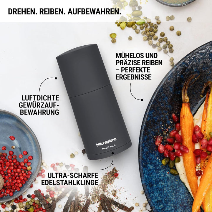 Microplane Gewürzmühle 2in1 – Anthrazit Grau | Manuelle Mühle mit rasiermesserscharfer Edelstahlklin