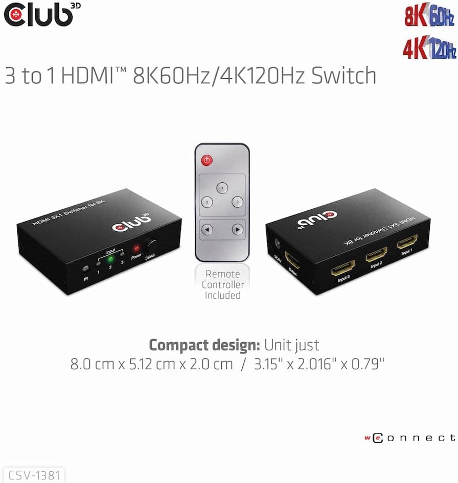Club3D CSV-1381 HDMI™ 3 auf 1 Umschalter 8K60Hz/4K120Hz Umschalter, CSV-1381