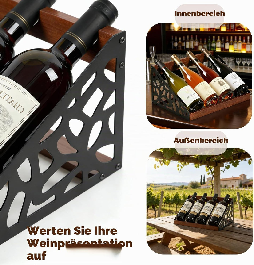 Rustikales Weinregal Holz für Tisch, Flaschenregal für 4 Flaschen, Vintage-Design, 36x24x17 cm, Wein