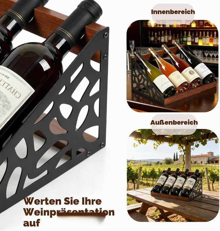Rustikales Weinregal Holz für Tisch, Flaschenregal für 4 Flaschen, Vintage-Design, 36x24x17 cm, Wein