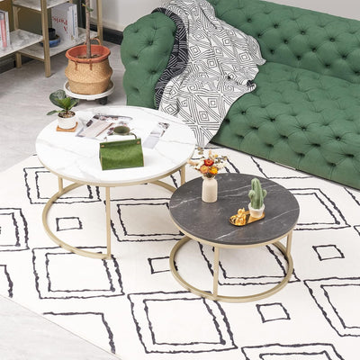 hitsuki Couchtisch Rund 2er Set, Marmor Couchtisch Gold Metallgestell Wohnzimmertisch Weiss und Schw
