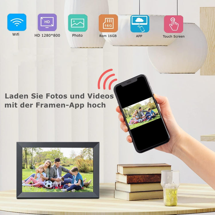 Aorpdd Digitaler Bilderrahmen WLAN 10.1 Zoll, HD IPS-Touchscreen Elektronischer Bilderrahmen mit 32