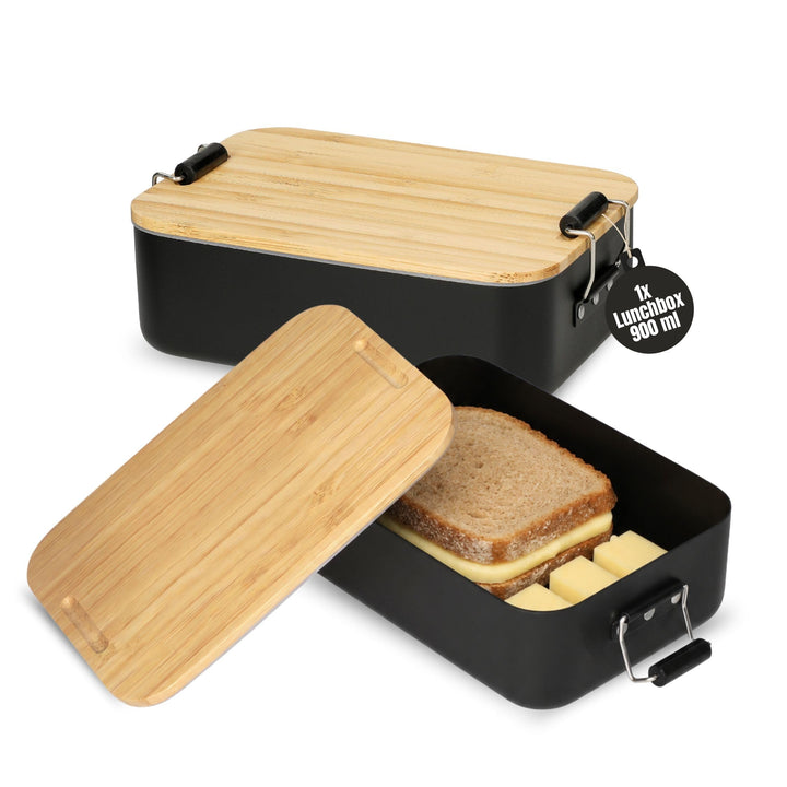 Brotdose Bamboo 900 ml - Bambusdeckel und Aluminiumbehälter in Schwarz | luftdicht, Schule, Büro, Pi