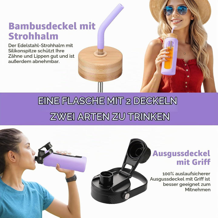 BLUEGO 600ml Glaswasserflasche mit Strohhalm und 2 Deckeln Kaffeetasse aus Glas mit Zeitmarkierung u
