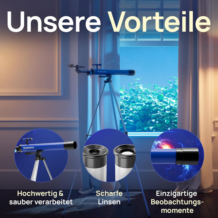 HARBARTH Teleskop Linsenteleskop + Okulare - Ideal für Erwachsene & Junge Astronomen - Fernrohr, Tel