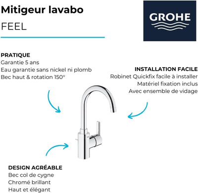 GROHE Feel - Einhand-Waschtischarmatur (1/2", L-Size, langlebige Oberfläche), chrom, 32723001 Sonsti