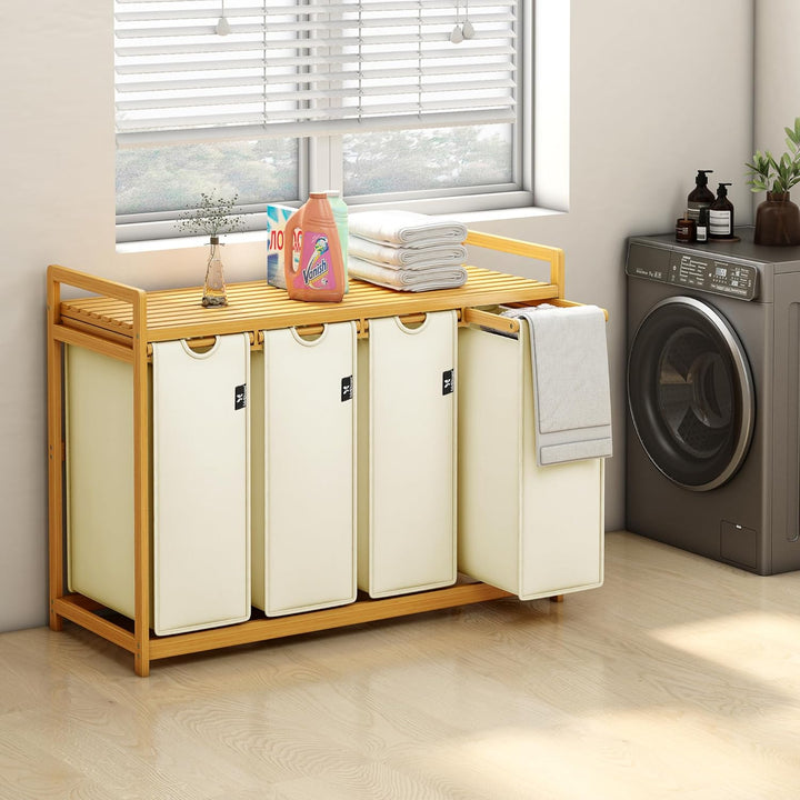 AdelDream Wäschekorb 200L, 4 Fächer Wäschesammler mit Ablage, Bambusrahmen | Wäschesortierer mit 4 x