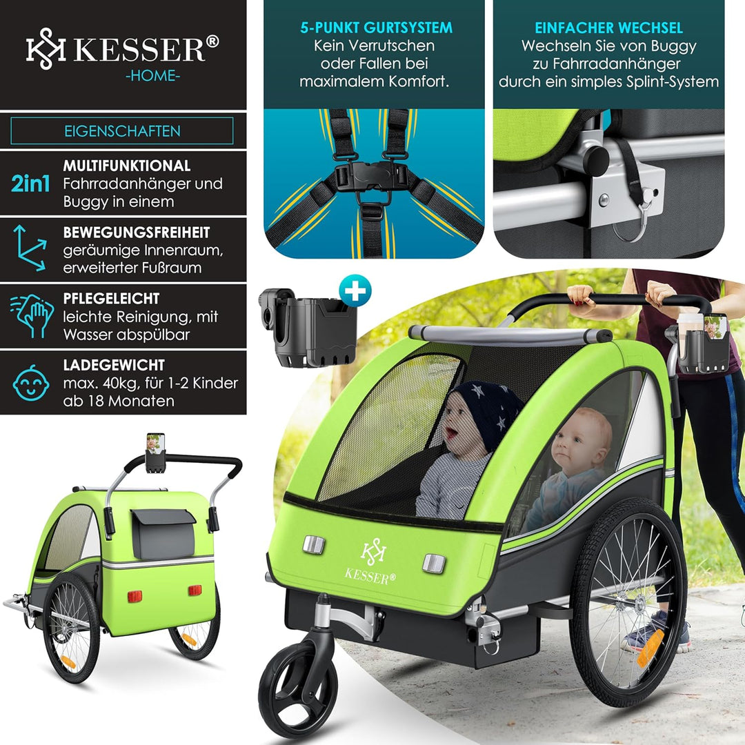 KESSER® Kinderanhänger Fahrradanhänger Sport-RX 2 in 1 Joggerfunktion Kinderfahrradanhänger + 5-Punk