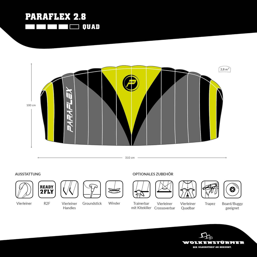 Wolkenstürmer® Paraflex Quad 4-Leiner Lenkmatte 2.8 in gelb - „Ready to Fly“ Kite Drachen inkl. Hand