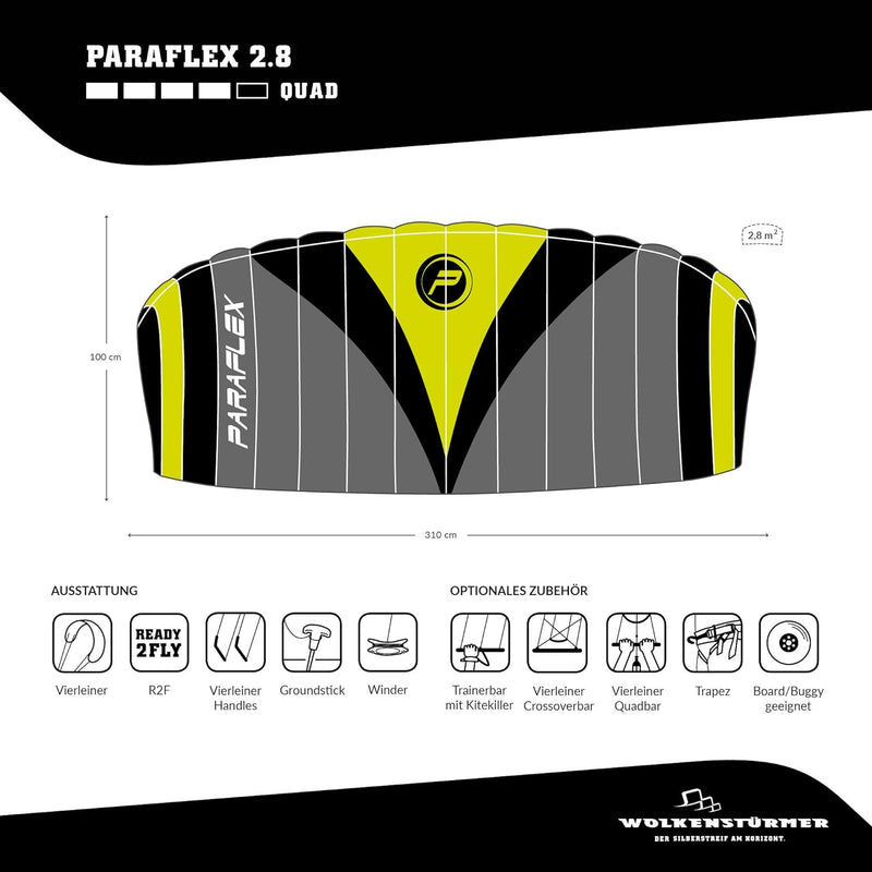 Wolkenstürmer® Paraflex Quad 4-Leiner Lenkmatte 2.8 in gelb - „Ready to Fly“ Kite Drachen inkl. Hand