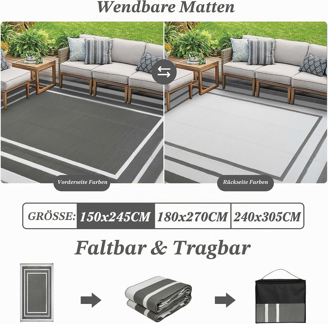 Outdoor Teppich Wetterfest Grau 150x245cm Kunststoff Picknickdecken Wasserfest Reversible Camping Te