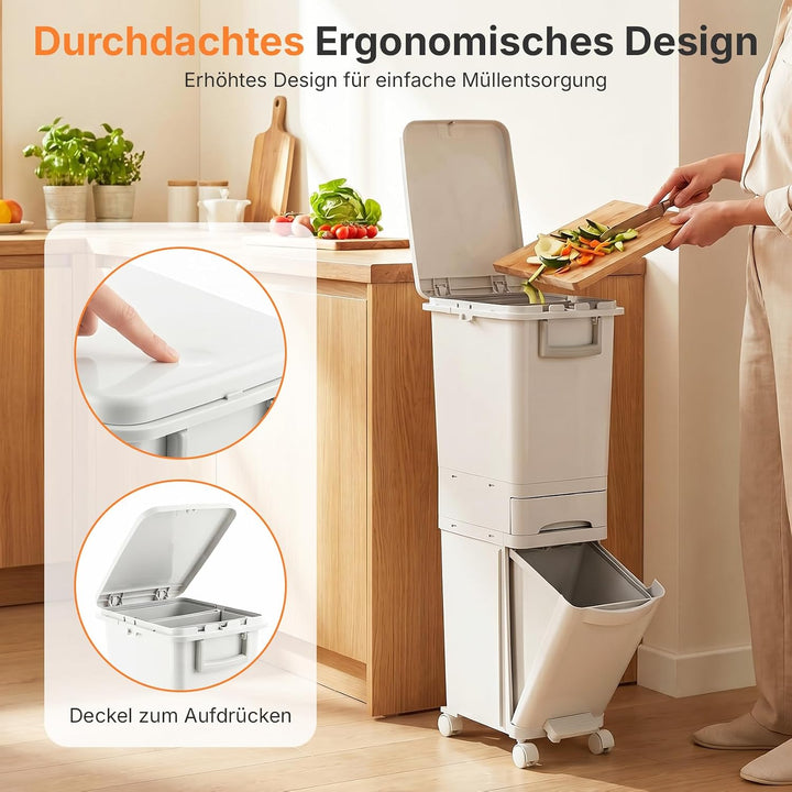 32 L Mülleimer Küche 3 Fächer, Abfalleimer mit Deckel & Pedal, Mülleimer auf Rädern, Mülltrennsystem